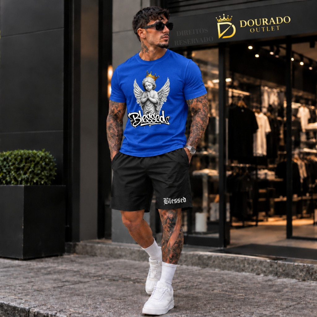 Conjunto Camiseta e Short Masculino ANJO COROA BLESSED Lançamento Alta Qualidade Exclusivo Primavera Verão