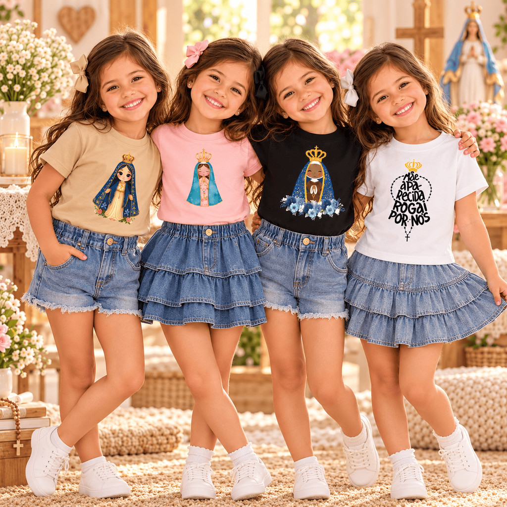 Kit 4 Camisetas Infantil Estampa Nossa Senhora Aparecida Algodão Religiosa Católica Manga Curta Blusinha T-shirt Criança