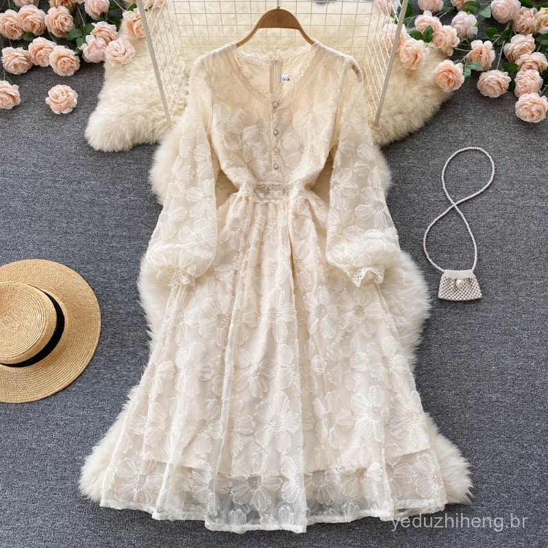 Vestuário feminino moderno, com bordados requintados, vestido de renda vazada, ideal para a primavera, decote em V, mang