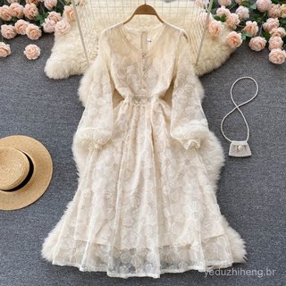 Vestuário feminino moderno, com bordados requintados, vestido de renda vazada, ideal para a primavera, decote em V, mang