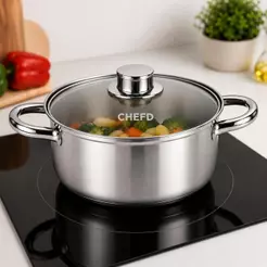 Panela Caçarola Premium de Aço Inoxidável Tampa de Vidro Indução 20cm 2,5L Saudável