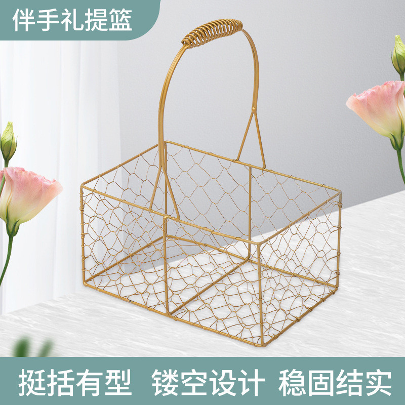 Cesta de mão para lembrança de menina, flor de dama de honra, ferro dourado, oco, cesta de flores, materiais de loja fel