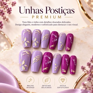 Kit Unhas Postiças de Pressão Bailarina Roxo Lavanda e Violeta, Detalhes Folhas Metálicas Douradas