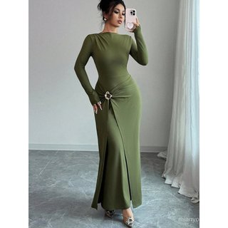Ruichen Cross-Border Europeu Americano Temperamento Slim-fit Vestido 2025 Outono Comércio Exterior Cor Sólida Manga Comp
