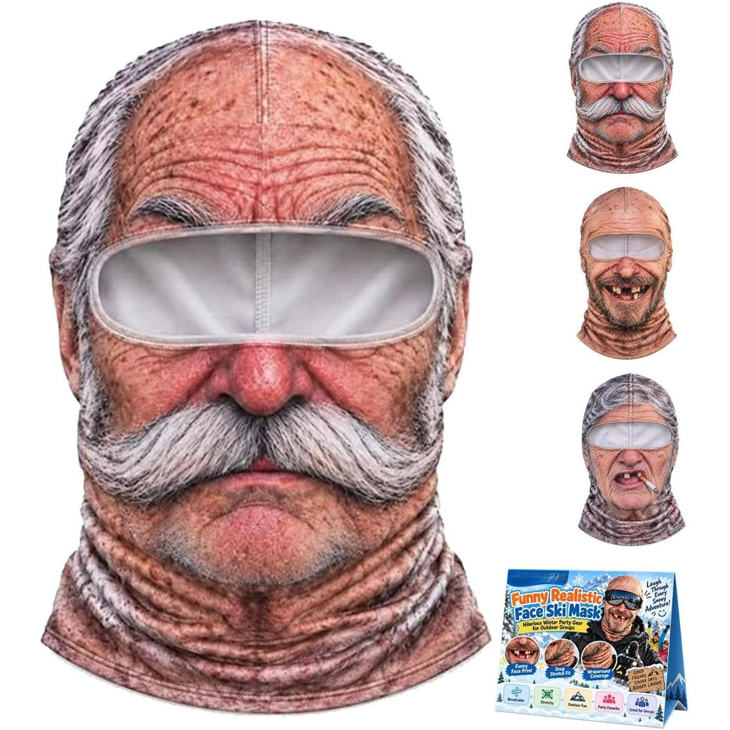 Máscara de Esqui 3D com Rosto Realista de Velho, Balaclava Engraçada para Inverno e Festas