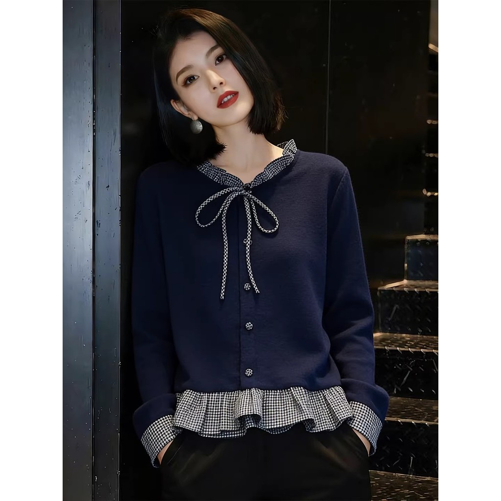 Coreano Casual redução de idade arco nó camisola 2026 outono novo estilo moda All-Match babados verificado topo feminino