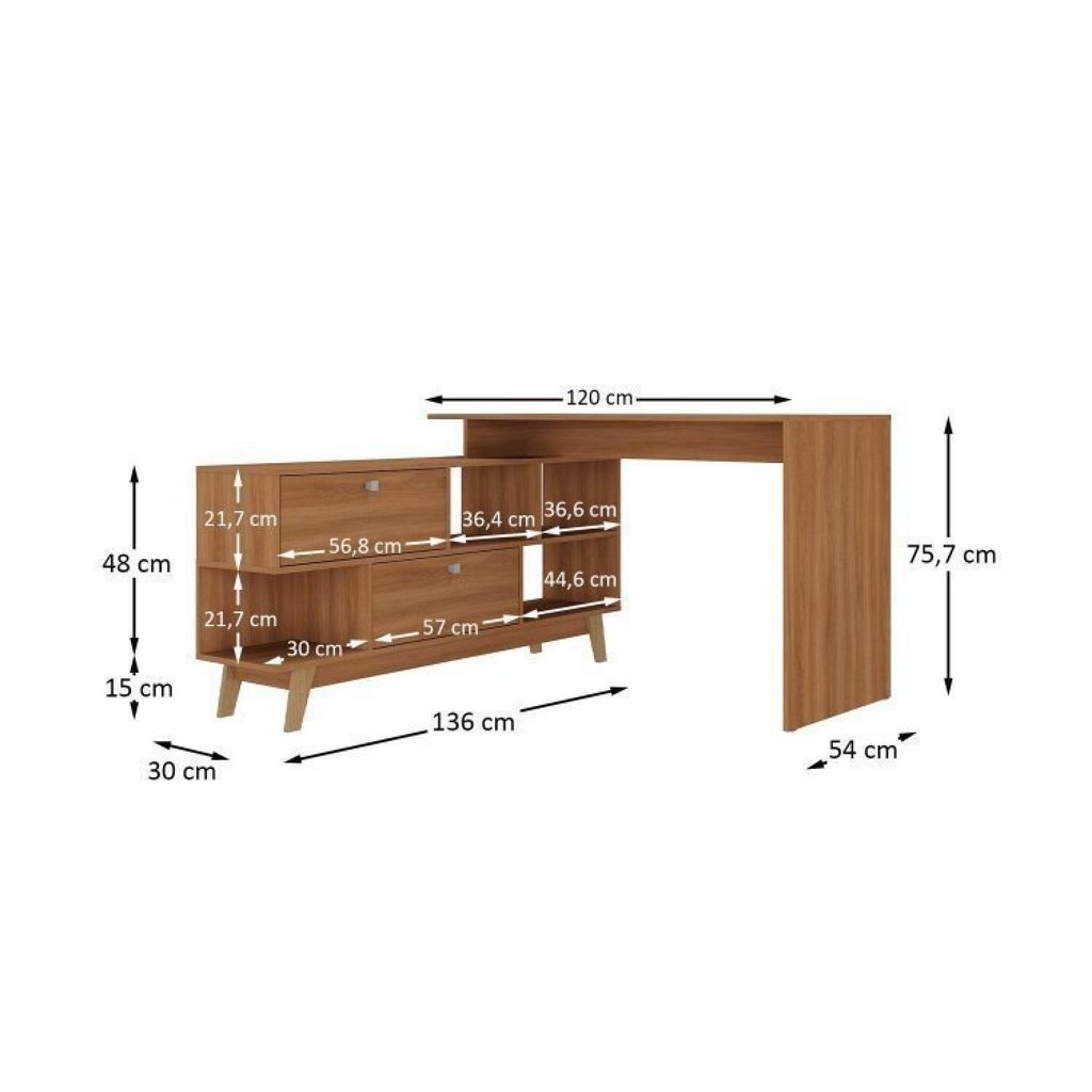 Conjunto de Escritório Escrivaninha em L 120x136cm 2 Portas e Estante 1 Porta Retrô Yescasa Marrom/Nogal Nogal · foto 2