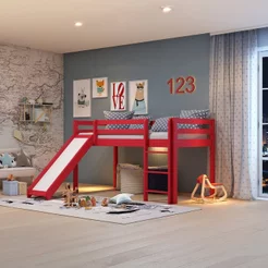 Cama Alta Infantil com Escorregador em Madeira Maciça/MDF Vermelho Vermelho