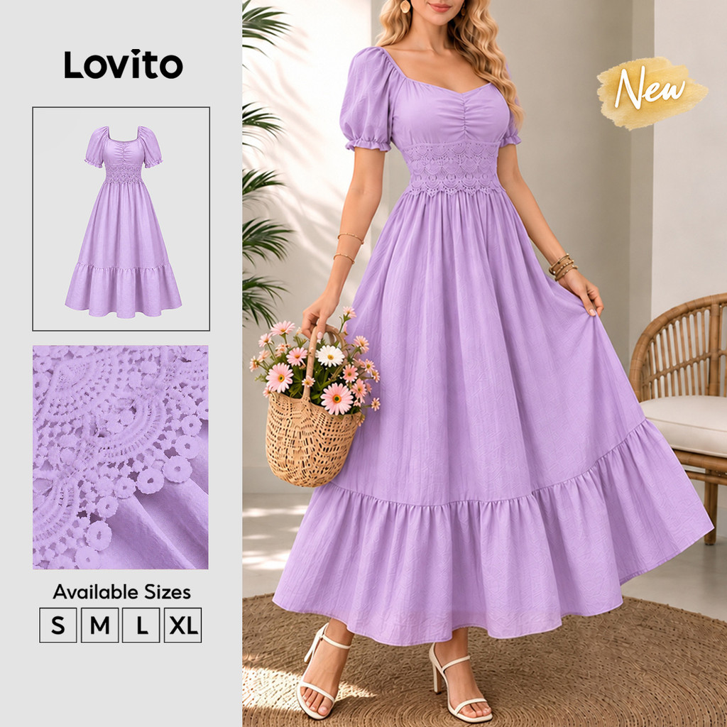 (New Arrival) Lovito Vestido Roxo Casual Feminino Liso Com Acabamento De Renda Plissado Longo E Com Babado Para Primavera/verão Férias E Fins De Semana Bordado DRB40BR031