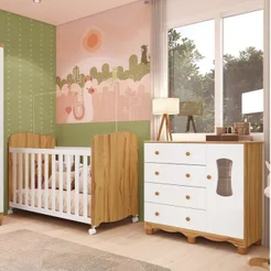 Quarto de Bebê Cômoda 1 Porta Janelada e Berço Americano Lana Espresso Móveis Branco Brilho/Amêndoa Branco