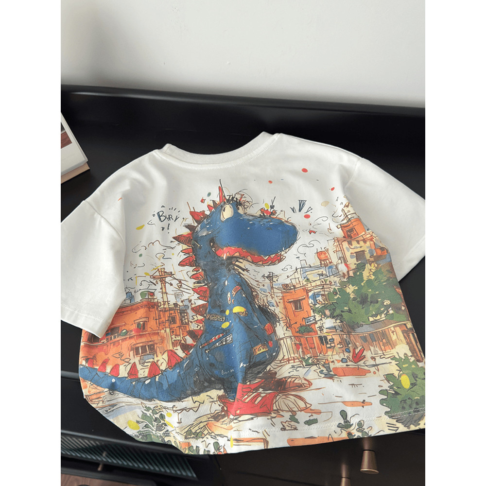 Crianças verão bebê de manga curta 2026 novo estilo dos desenhos animados dinossauro pintado à mão Graffiti camiseta men