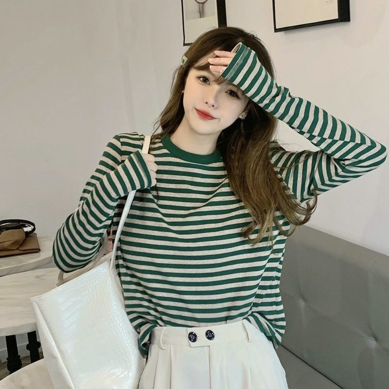 Camisa de fundo listrada de tamanho grande camiseta de manga comprida feminina primavera outono ins estilo ocidental All