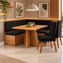 Conjunto Canto Alemão com Baú Mesa 120x77,5cm Tampo sem Vidro com 2 Cadeiras Milão Preto/Mel Preto/Mel