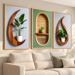 Trio de Quadros Decorativos Vasos Verdes Boho Com ou Sem Moldura