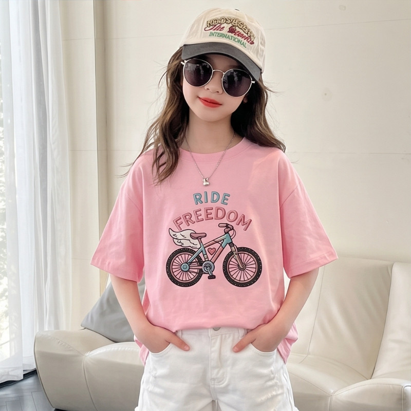 Crianças Algodão Manga Curta Camiseta Falso Bicicleta Bordado Impressão Gráfica Menina Moda Topo Bonito Casual T Fd1