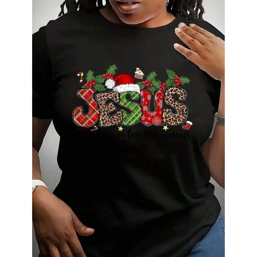 Bonito Camiseta Feminina Casual E Moderna De Algodão Com Estampa Temática Natalina "JESUS, A Razão Da Época Do Natal".