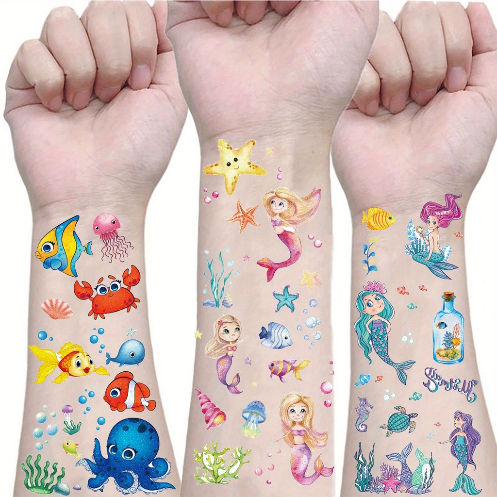 12 Folhas De Adesivo De Tatuagem Com Glitter Sereia Oceano Animais Marinhos Adesivos Temporária , Design Fofo À Prova D' em Oferta na Shopee