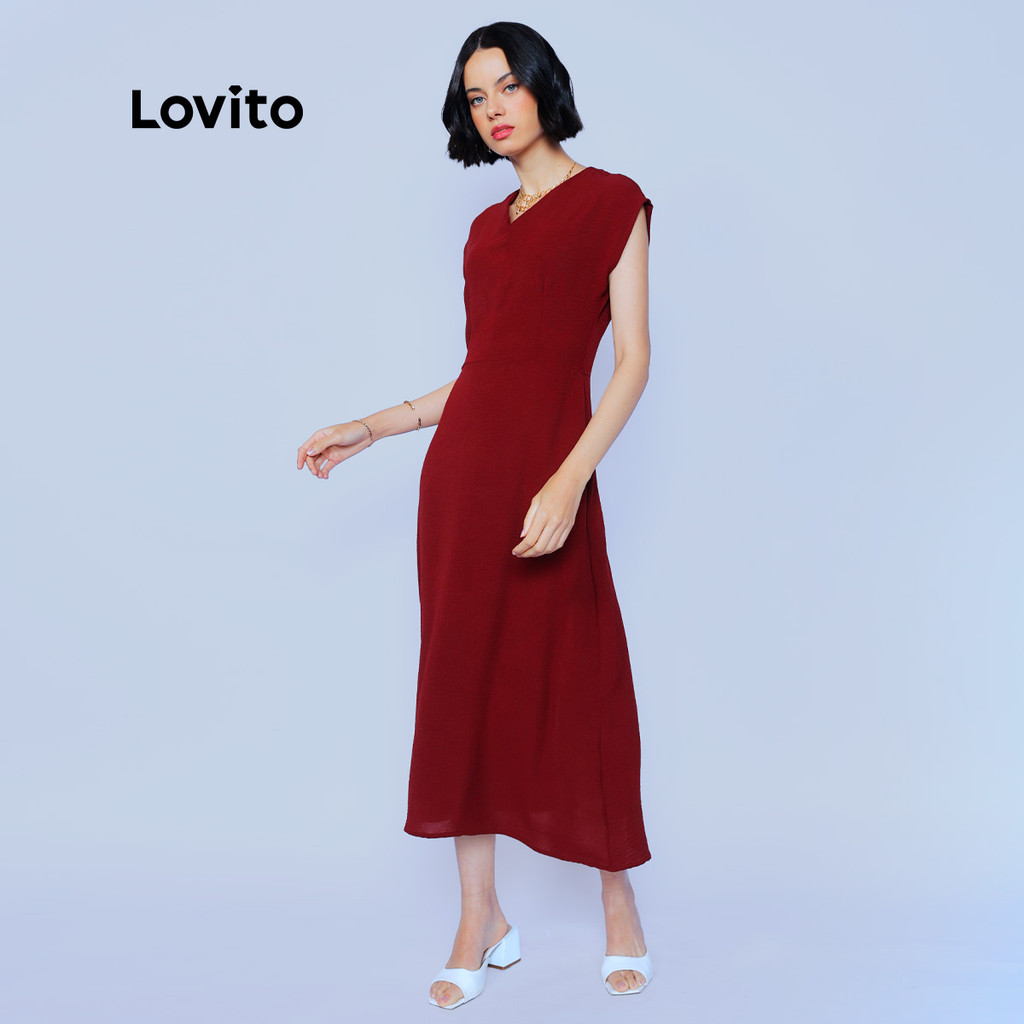 Detalhes do Lovito Vestido Elegante Vermelho Natal Moda Evangelica Feminino LB907BRL937
