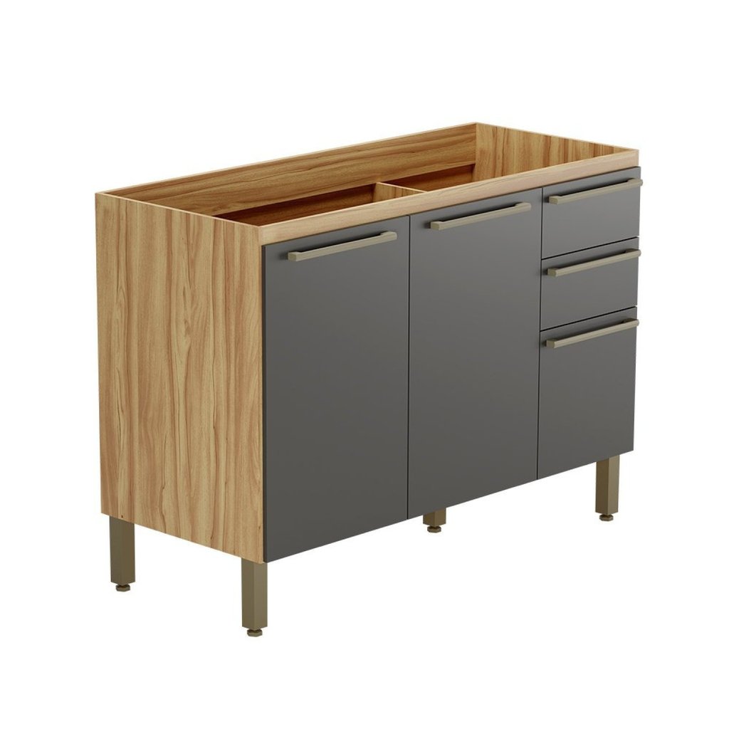 Balcão de Cozinha para Pia 120cm com 3 Portas 2 Gavetas sem Tampo 100% Mdf Itália Espresso Móveis Amêndoa/Chumbo