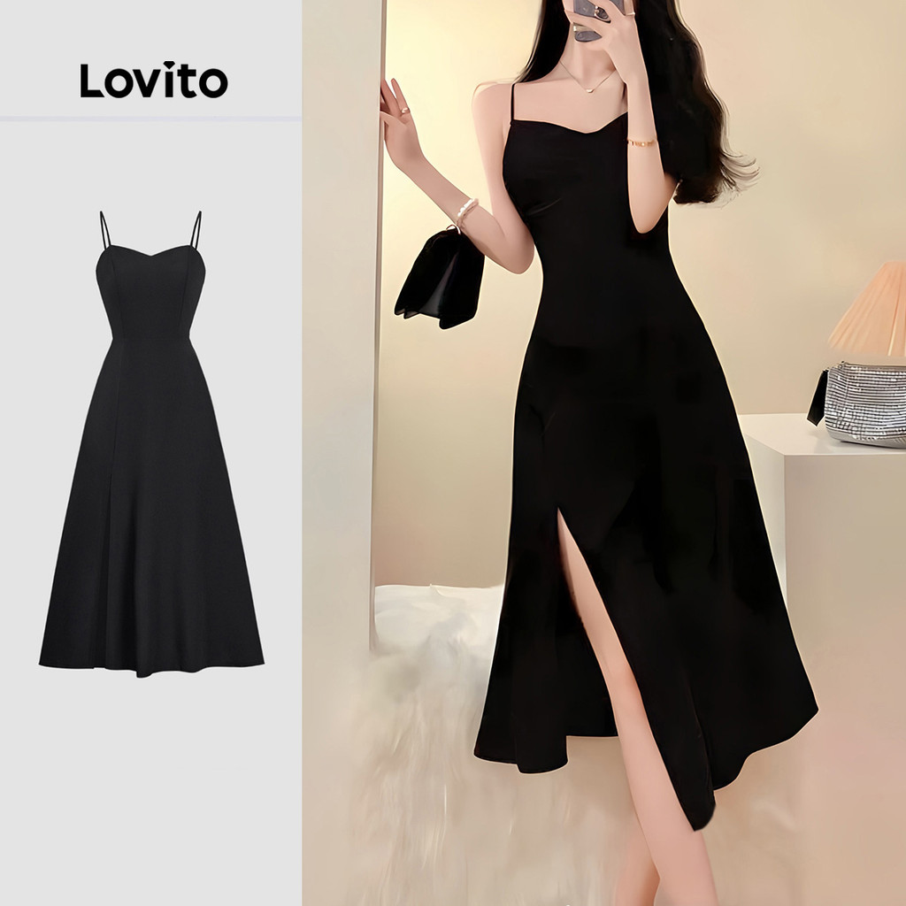 Lovito Vestido Glamouroso de Estrutura Linha Dividida Assimétrica Primavera/verão Preto L155AD279 em Oferta na Shopee