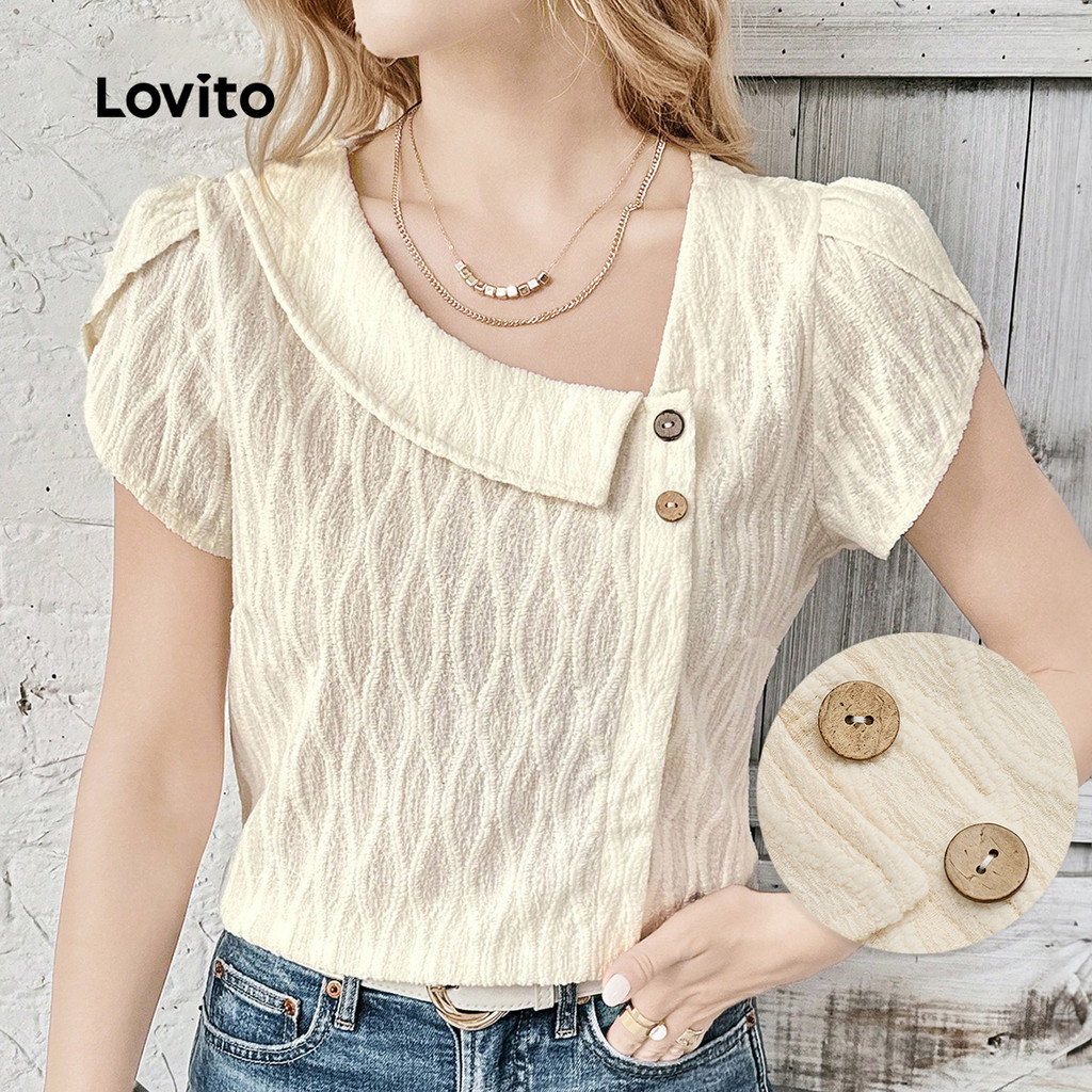 Lovito Blusa Casual Assimétrica com Botões Primavera/verão Blusa de Tonalidade Cáqui Leve para mulheres L155ED012