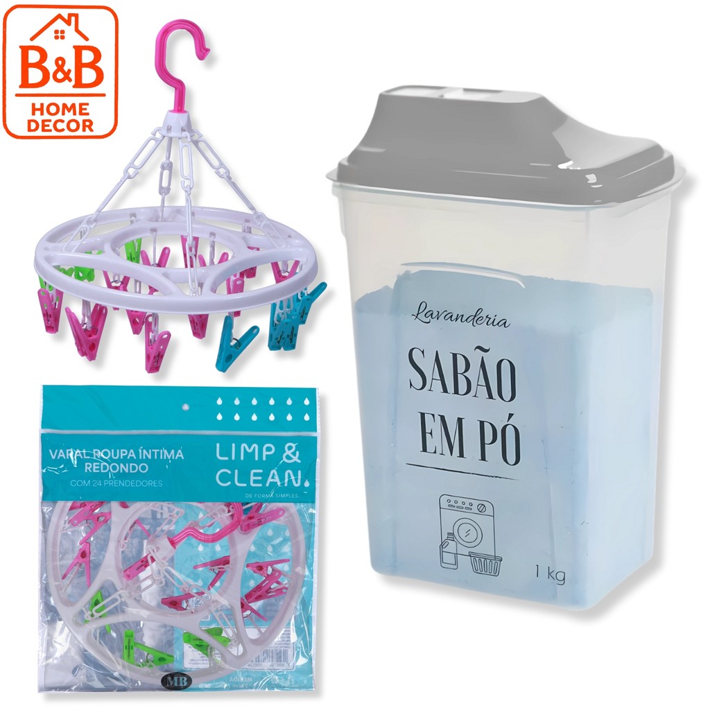 Kit Organização Lavanderia: Porta Sabão em Pó e Varal de Roupa Íntima Redondo com 24 Prendedores