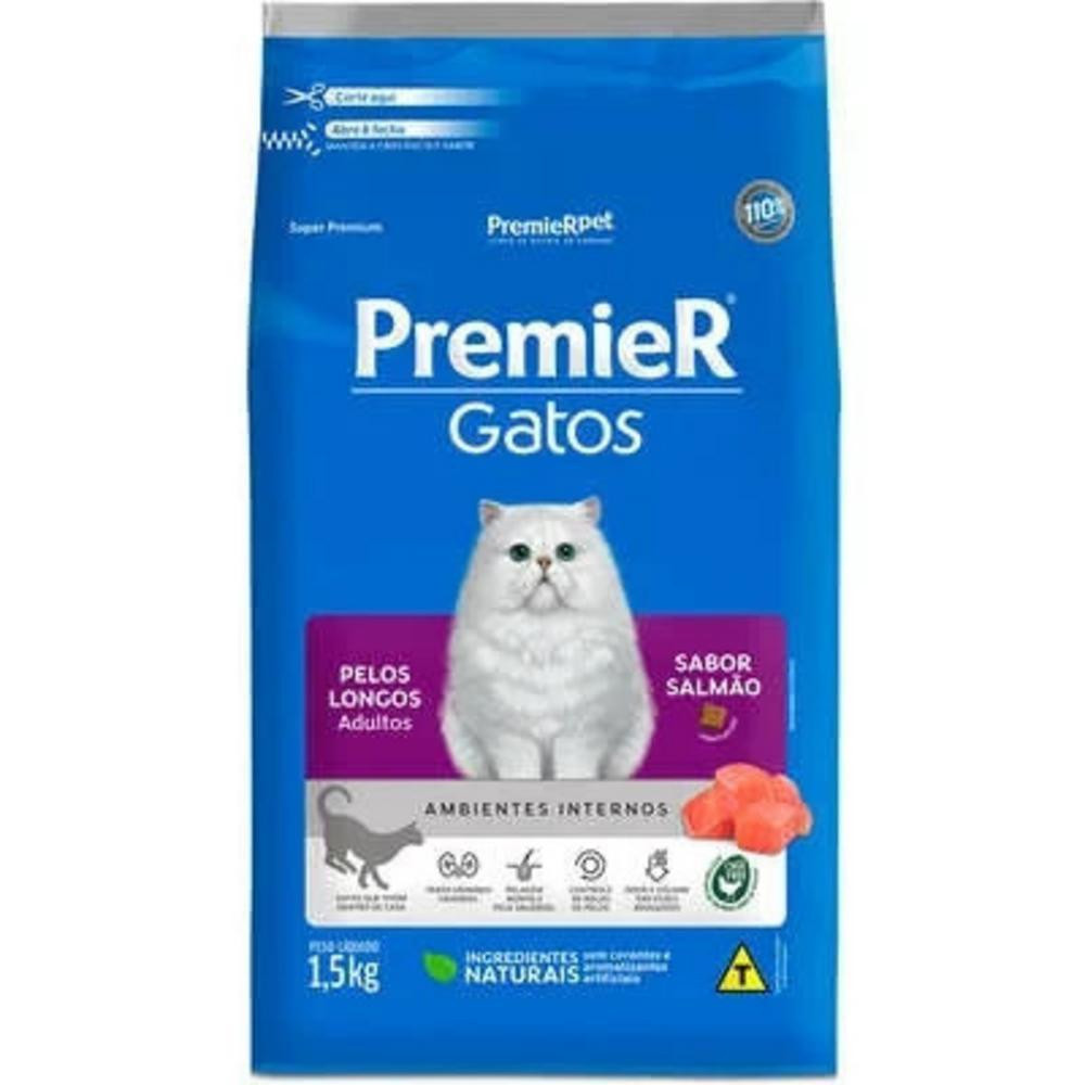 Ração para Ambientes Internos Gatos Adultos Pelo Longo Salmão 1,5Kg Premier