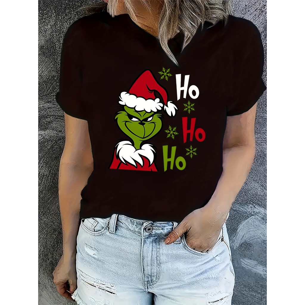 Camiseta Feminina Dr Seuss Cat in the Hat HO HO HO Verde Rosa Personagem Estampada Confortável Divertida Festiva Moda