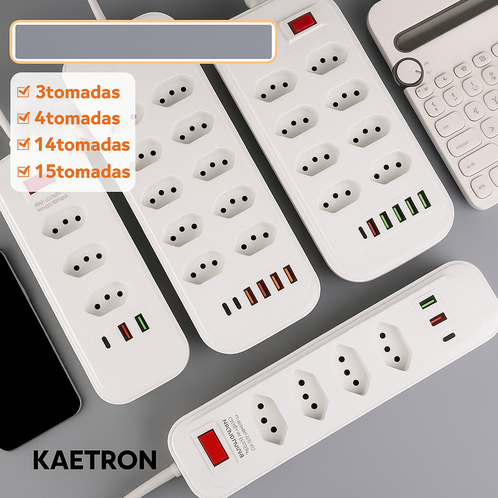 Régua Filtro de Linha Extensão 4 Tomadas 3 Metros E 2 Entradas USB 1 TypeC Universal Bivolt 2500W Power