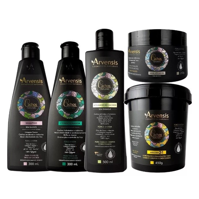 Kit Arvensis Cachos Shampoo + Condiconador + Ativador Crespo.+ Máscara 2x1+ Geléia Alta