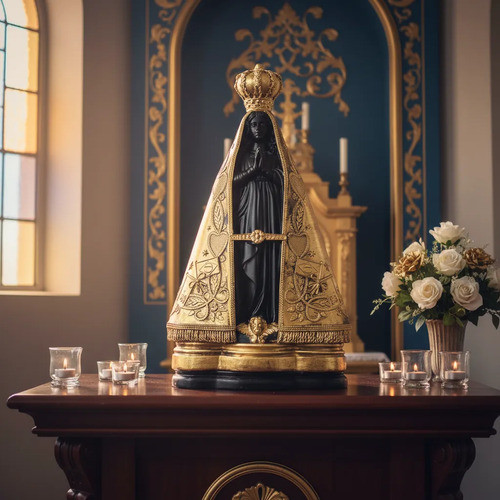 Imagem Estátua Nossa Senhora Aparecida Manto Ouro 39cm Xxg! Preta Manto Ouro Plus