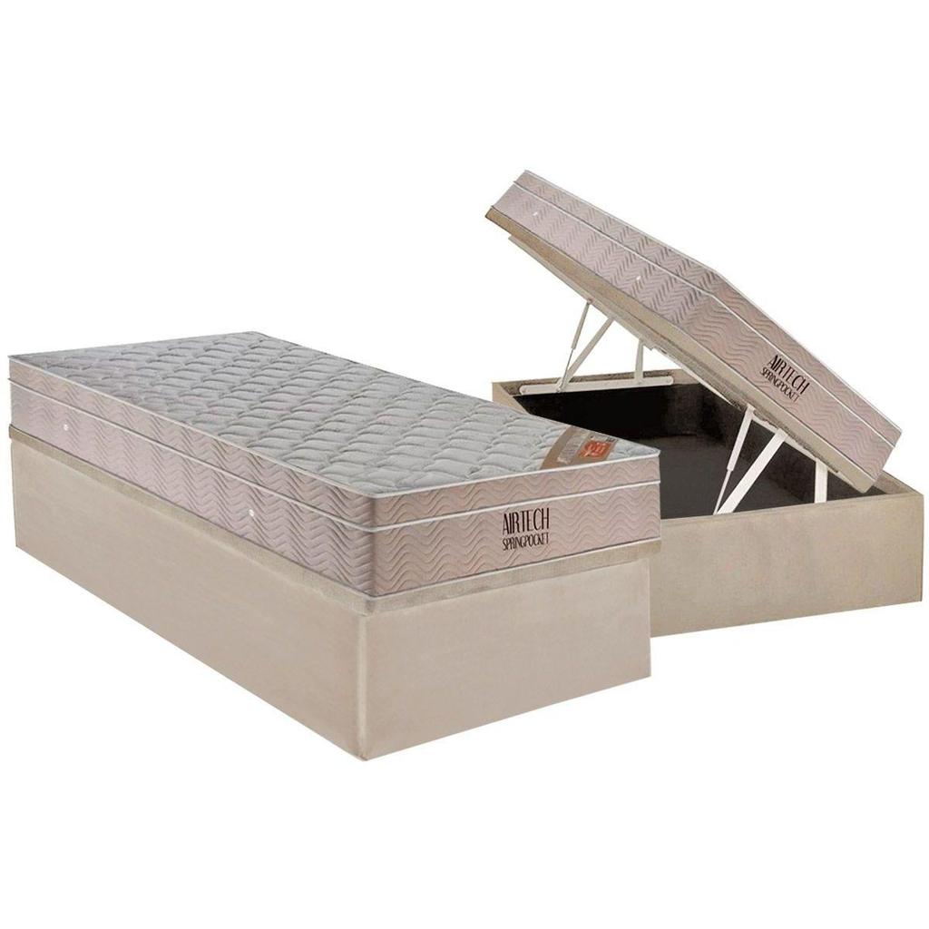 Conjunto Box Baú Solteiro: Colchão Molas Ortobom Ensacadas Fort Airtech + Base CRC Suede Clean (88x188)