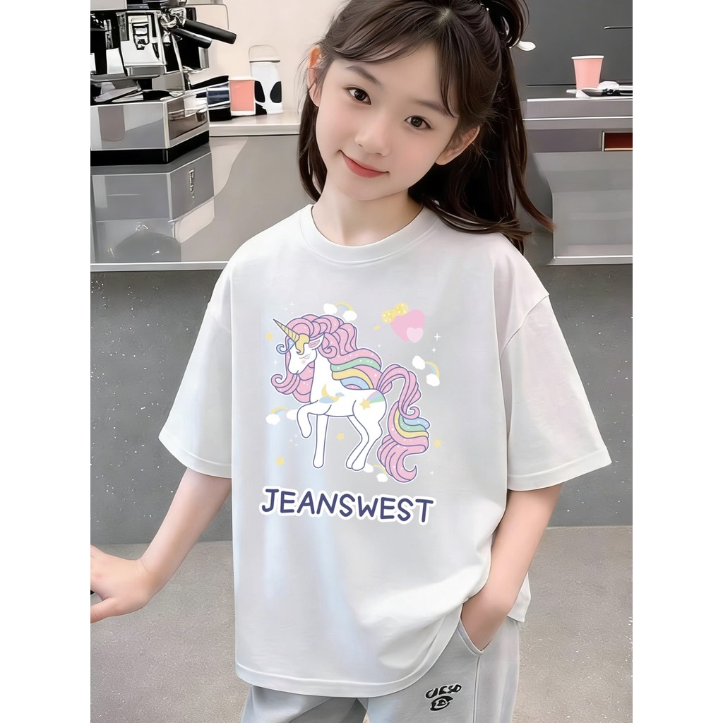Unicórnio dos desenhos animados dos desenhos animados puro algodão de manga curta camiseta meninas verão 2026 novo estil