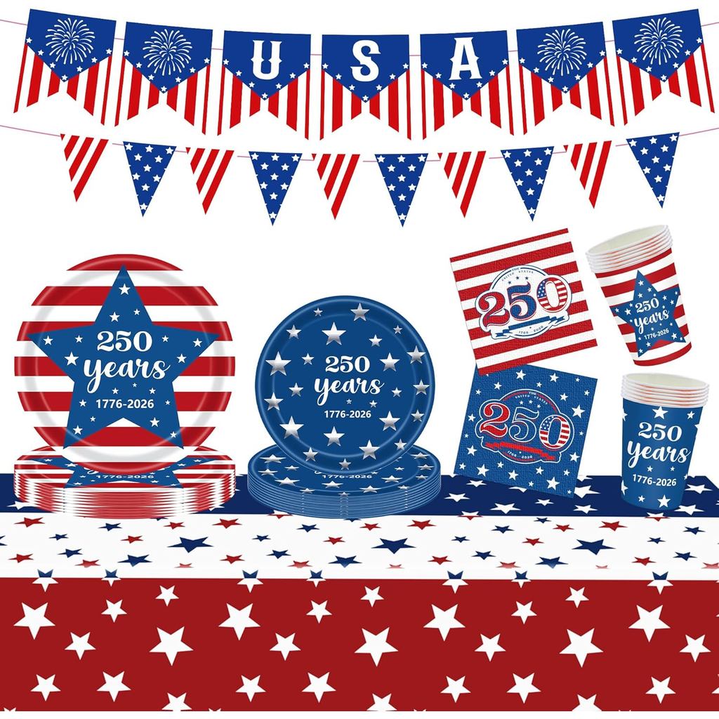 Suprimentos para Festa de 4 de Julho, Kit Patriótico Americano para o 250º Aniversário, para o Dia da Independência, Dia
