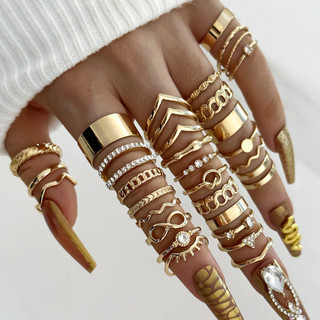 BLOSSOM Conjunto de 30 peças, conjunto de anéis com 8 elementos de diamante e pérola, anel articulado, conjunto de anéis
