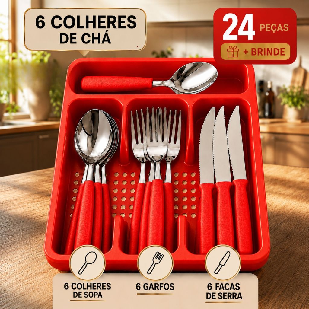 Jogo Talheres Aço Inox 24 Peças com Suporte Gaveteiro Ideal para Refeições