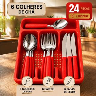 Jogo Talheres Aço Inox 24 Peças com Suporte Gaveteiro Ideal para Refeições