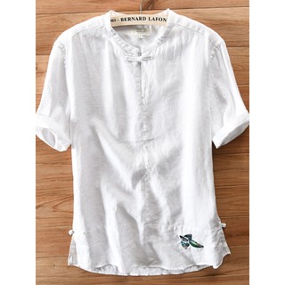 Estilo chinês sem gola meia manga linho camiseta masculina pulôver manga curta botão fino solto 5 manga média camisa de 