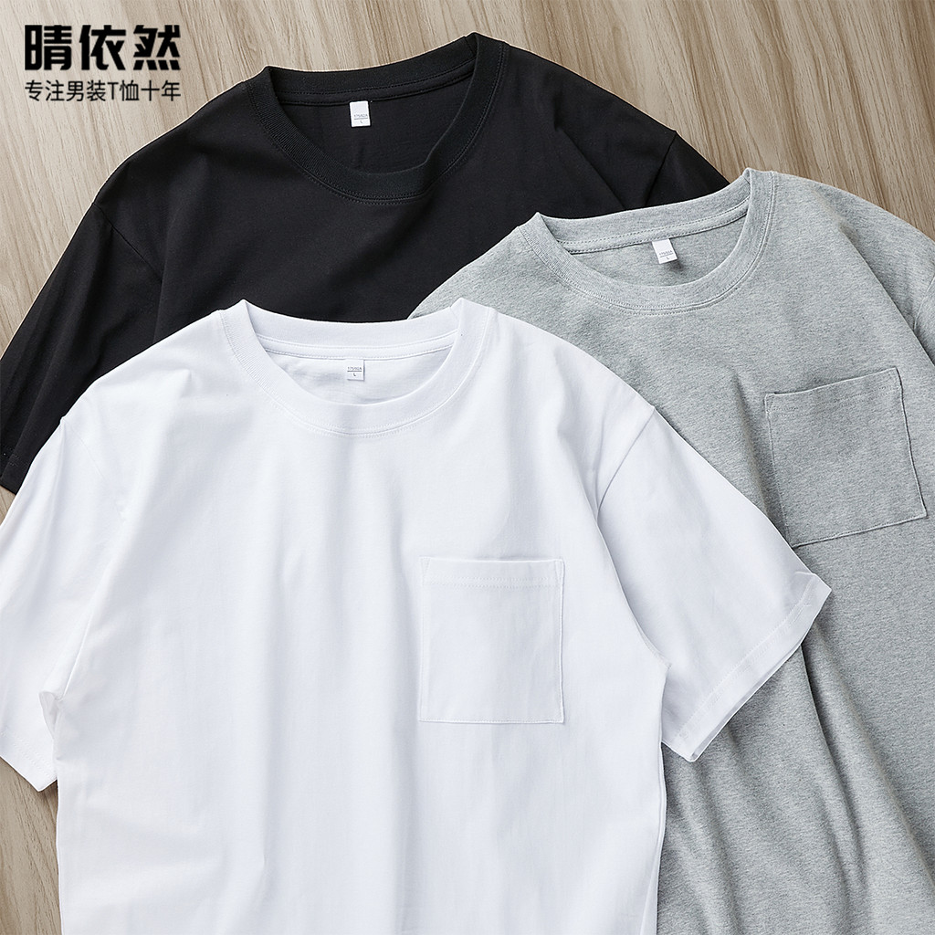 Camiseta com bolso de algodão puro em torno do pescoço de manga curta verão americano na moda Retro meia manga cor sólid