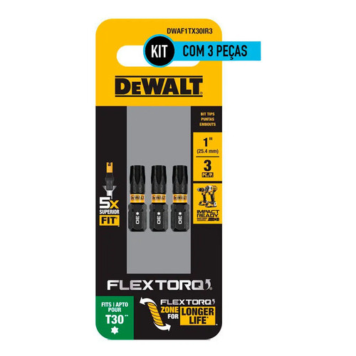 Kit 3 Pontas DeWalt DWAF1TX30IR3 T30 Torx Bits para Parafusadeira Furadeira Ponta Impacto Profissional