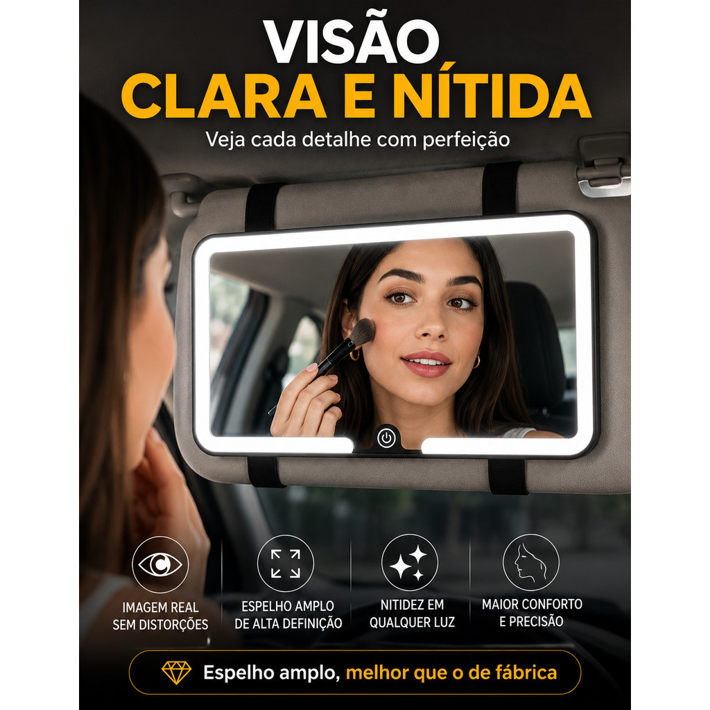 Espelho Maquiagem Carro LED 3 Modos Recarregável Touch Presente Esposa Namorada Mia Utilidades