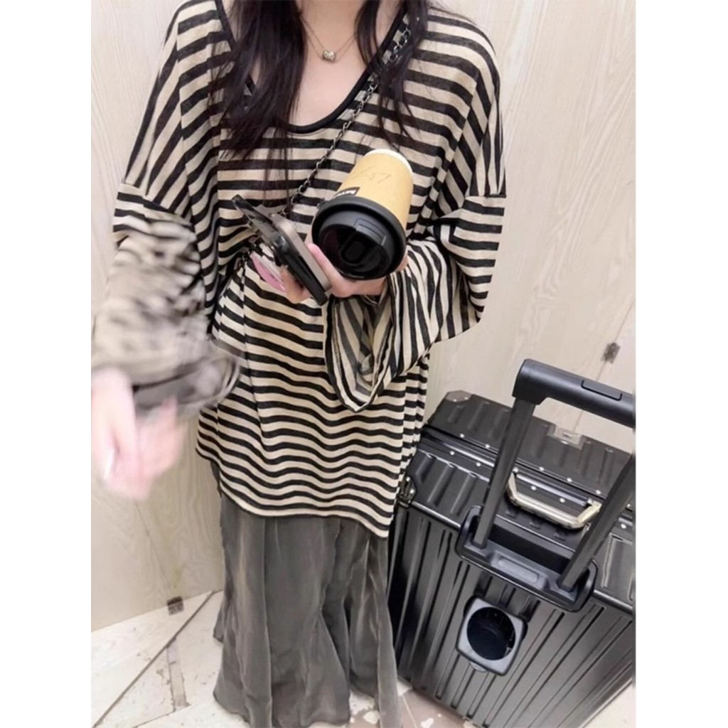 Estilo preguiçoso listrado contraste cor de manga comprida camiseta feminina primavera outono novo estilo solto cobrindo