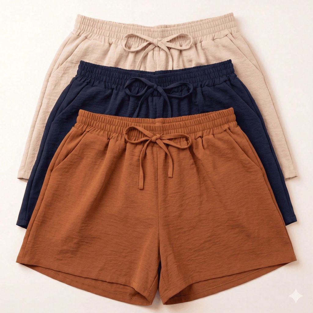 Kit 3 Shorts Feminino Duna Cores Sortidas Cós Elástico Com Bolso Short Soltinho Casual Verão Confortável Dia a Dia