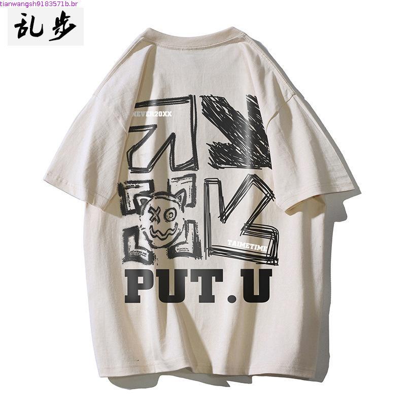 Street Wear japonês carta impressa puro algodão de manga curta verão masculino feminino ins na moda Hip-Hop solto cse