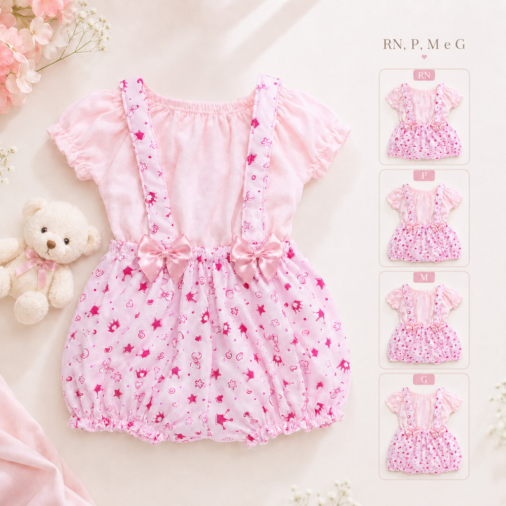 Conjunto Jardineira Bebê Menina e Boneca Reborn Luxo RN ao G