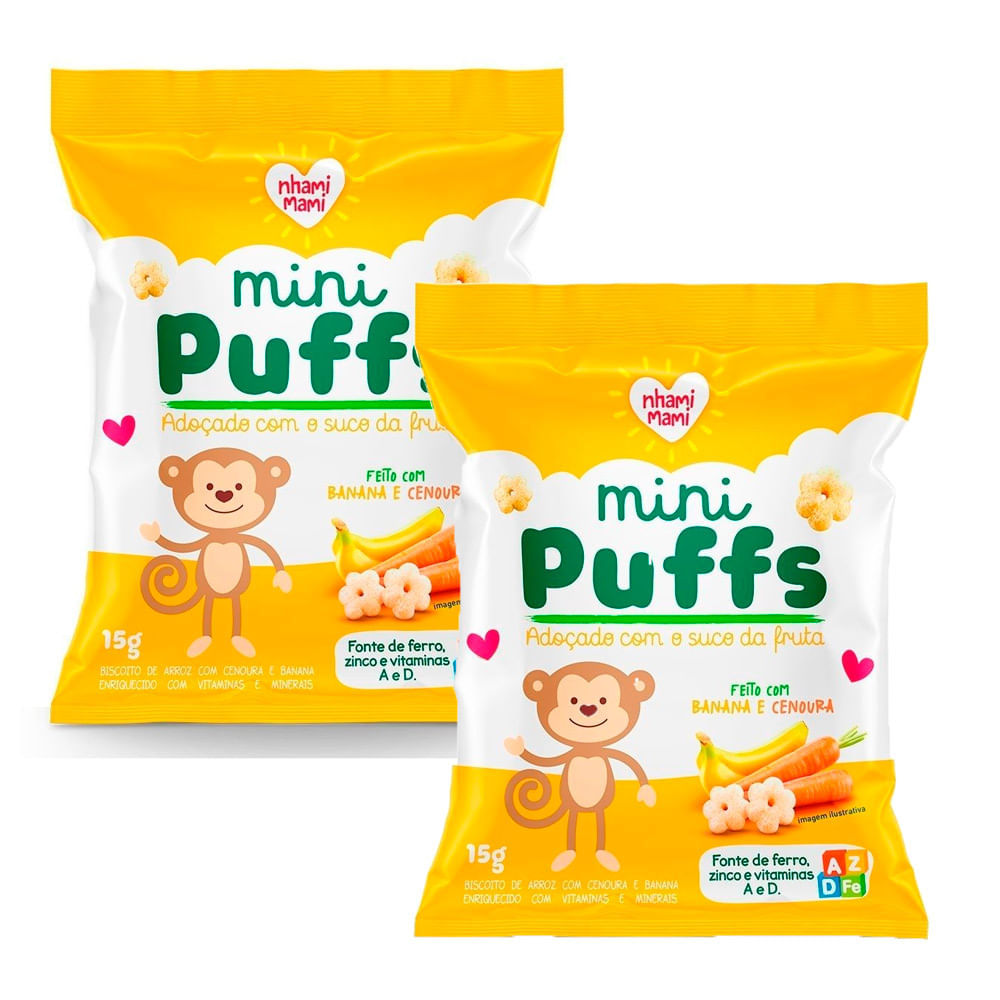 Kit 2 Biscoito Nhami Mami Mini Puffs Snack Banana e Cenoura 15g