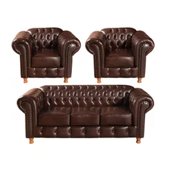 Conjunto de Sofá 3 Lugares e 2 Poltronas Chesterfield Luís Xv Marrom Café Café