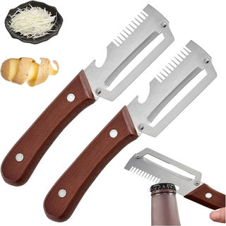 2 Peças Descascador de Legumes com Cabo de Madeira e Abridor de Garrafas, Julienne de Aço Inoxidável, Utensílios de Cozi