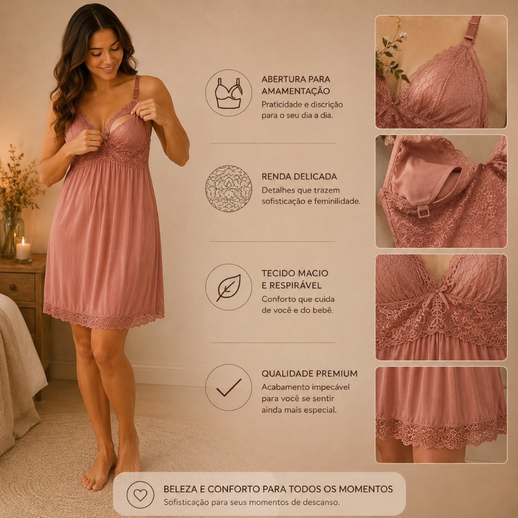Camisola Amamentação Gestante com Renda Abertura no Busto Confortável Maternidade Premium