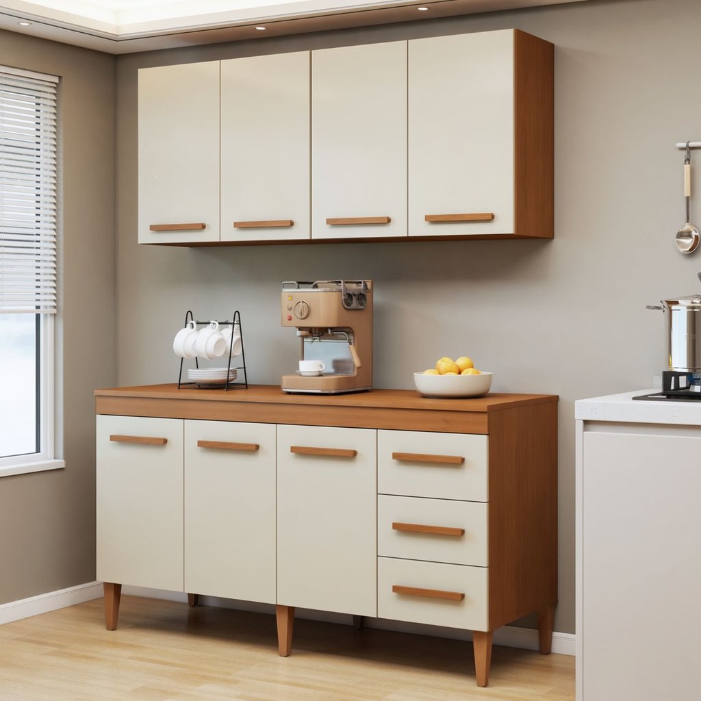 Cozinha Completa Modulada 7 Portas 3 Gavetas Atenas Nature/Off White